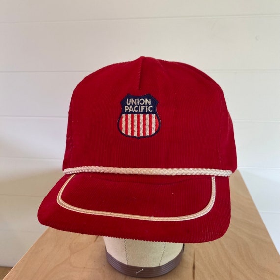 Vintage 80s Union Pacific Red Corduroy Trucker Hat - image 2