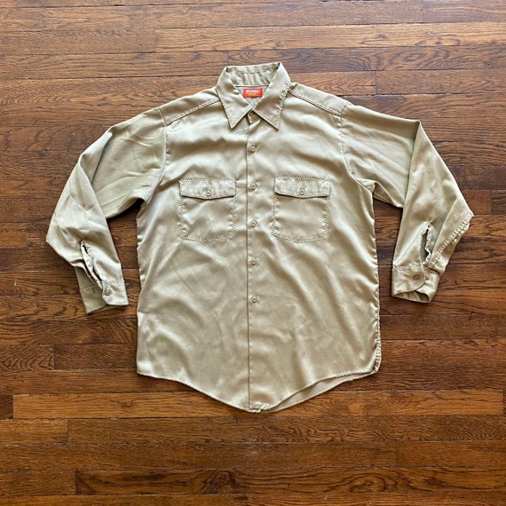 Vintage 60s Dickies Embroidered Tan Button Up Shi… - image 1