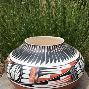 May include: A handcrafted ceramic pot with a wide, rounded body and a narrow opening. The pot features a terracotta base, a white midsection with black and orange geometric designs, and a black and white feathered pattern around the rim. The background is a blurred green bush.