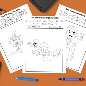Monstros fofos de Halloween - 3 páginas para colorir digitais coloridas por número - Bruxa, Vampiro e Zumbi - Tamanho Carta dos EUA