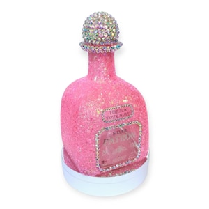 Chunky Iridescent Pink Glitter Crystal Rhinestone Bling Bedazzled Patron Silver 750ml Empty Tequila Bottle Decanter