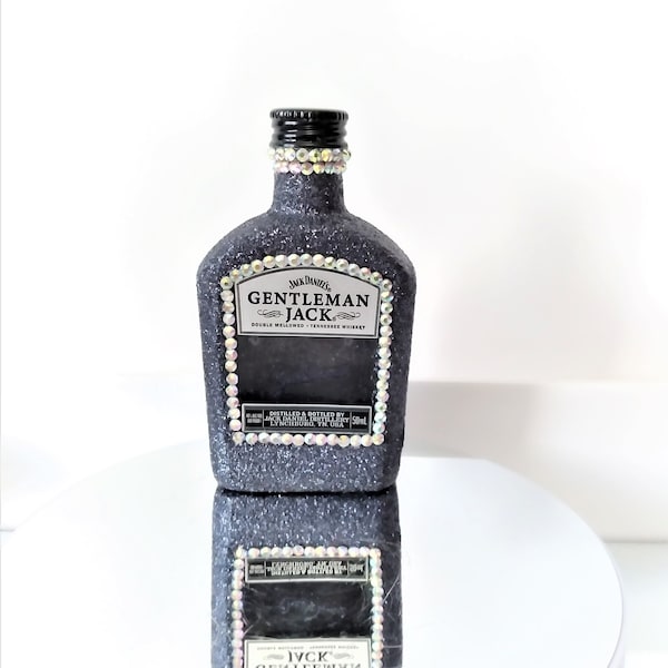 Onyx Glitter Iridescent Crystal Rhinestone Bling Bedazzled Gentleman Jack 50ml Empty Whiskey Bottle
