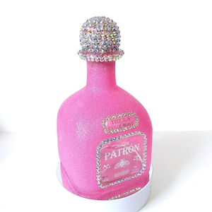 Pink Glitter Iridescent Crystal Rhinestone Bling Bedazzled Patron Silver 750ml Empty Tequila Bottle Decanter