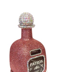 Rose Gold Glitter Iridescent Crystal Rhinestone Bling Bedazzled Patron Silver 750ml Empty Tequila Bottle Decanter