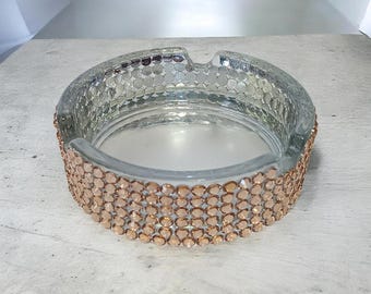 Light Gold Rhinestone Bling Bedazzled Clear Glass Ashtray Decor