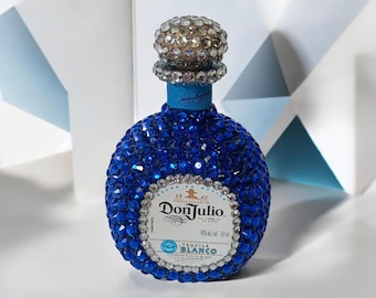 Blue & Silver Rhinestone Bling Bedazzled 50ml Empty Tequila Bottle Decanter