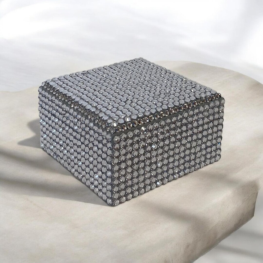 Silver Rhinestone Bling Bedazzled Square Shape Wood Jewelry Trinket Box ...