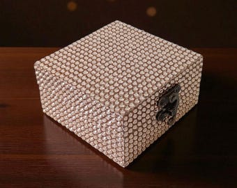 Gold Rhinestone Bling Bedazzled Square Shape Wood Jewelry Trinket Box