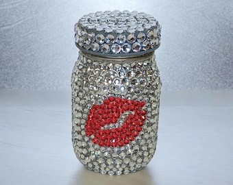 Silver Rhinestone Bling Red Heart & Lips Bedazzled 50ml Empty Bottle Decanter