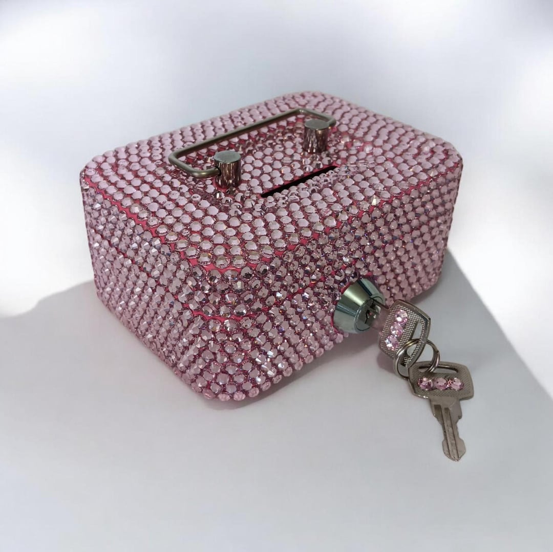 Pink Coin Boxes Pink Rhinestone Bling Bedazzled Personal Cash Box Safe Bank With Keys ...