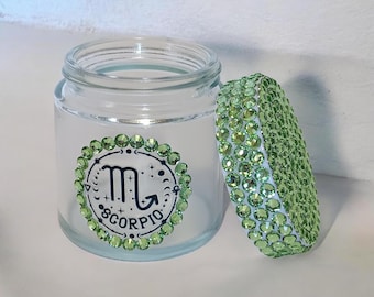 Scorpio Green Rhinestone Bling Bedazzled 4 oz Glass Cosmetic Jar Canister