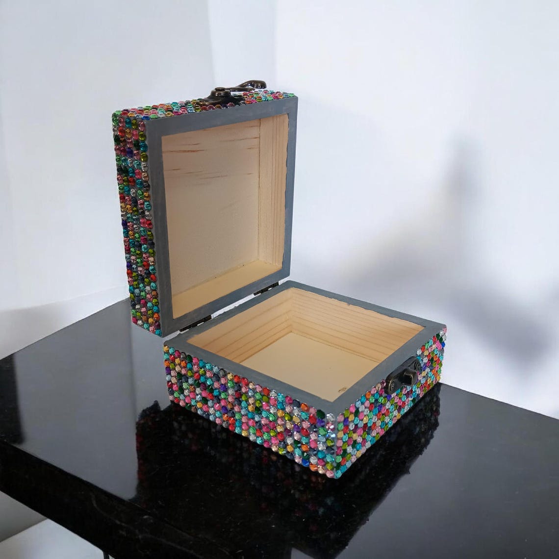 Multi-color Rhinestone Bling Bedazzled Square Shape Wood Jewelry ...