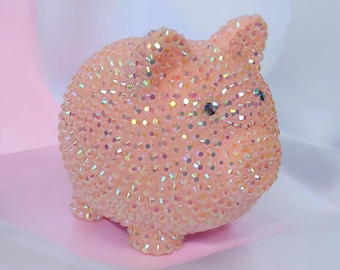 Iridescent Clear Rhinestone Bling Bedazzled Small Pink Piggy Bank Cash Bank Decor