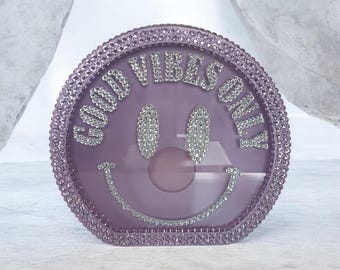 Purple & Silver Rhinestone Bling Bedazzled Good Vibes Only Bank Cash Bank Decor