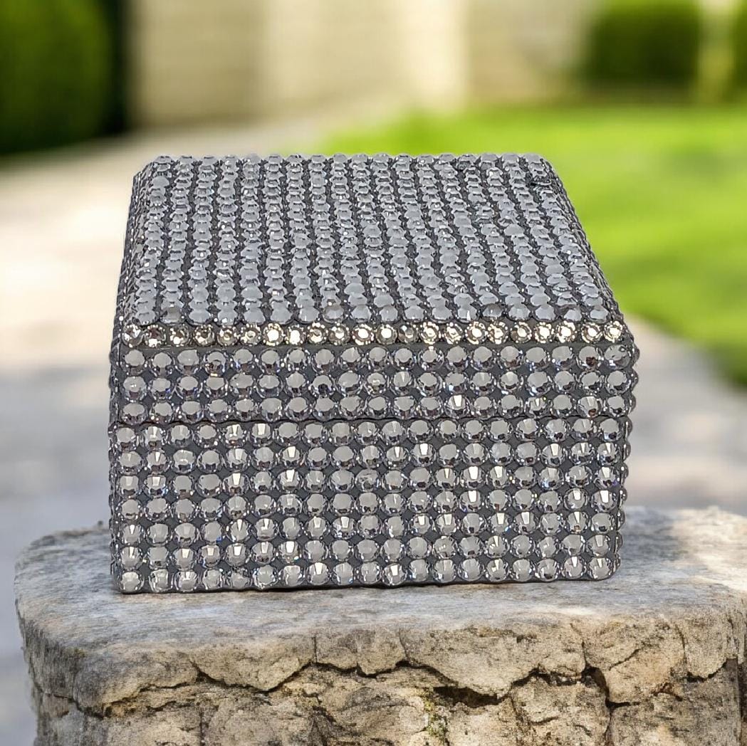 Silver Rhinestone Bling Bedazzled Square Shape Wood Jewelry Trinket Box ...