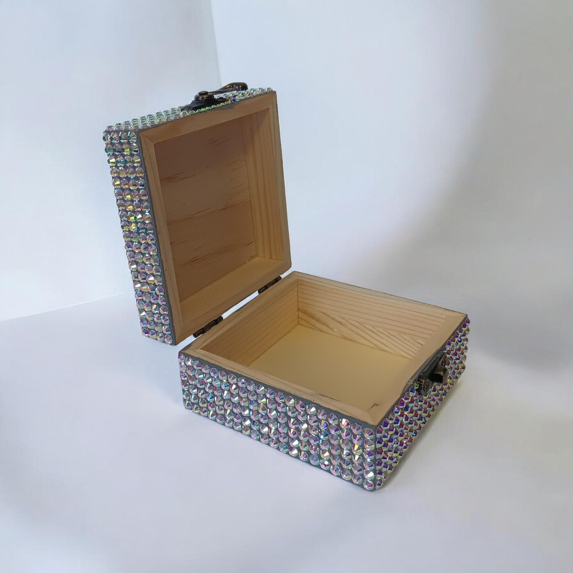Iridescent Rhinestone Bling Bedazzled Square Shape Wood Jewelry Trinket ...