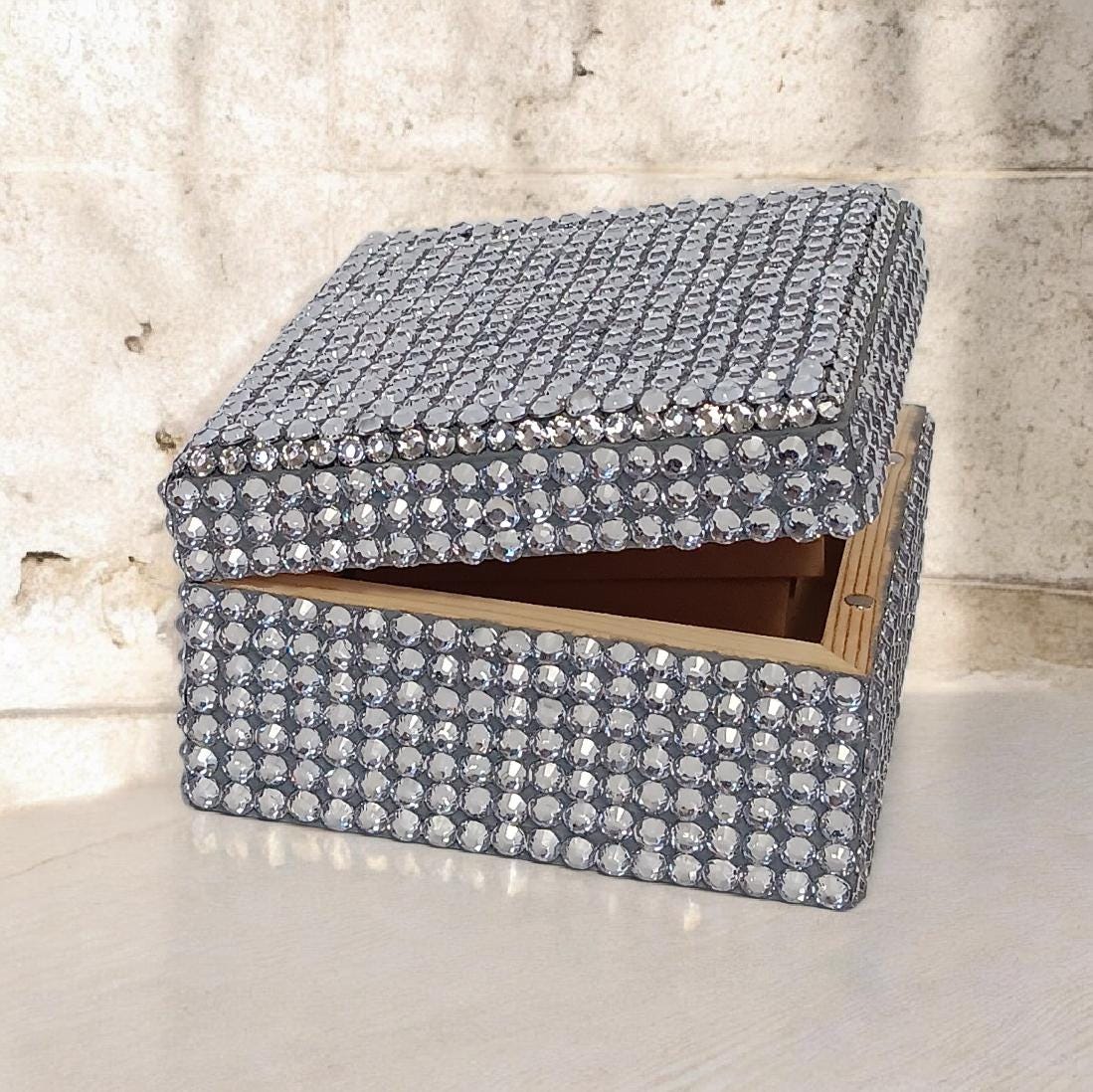 Silver Rhinestone Bling Bedazzled Square Shape Wood Jewelry Trinket Box ...