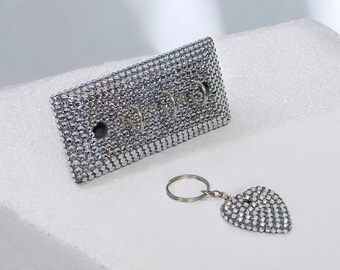 Rhinestone Bedazzled Key Rack with Heart Keychain, Solid Wood Wall Organizer