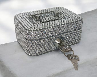Silver Rhinestone Bling Bedazzled Personal Cash Box Safe Bank with Keys