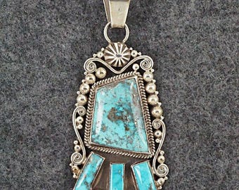 Navajo Sterling Silver Turquoise Cluster Pendant KY Stamp