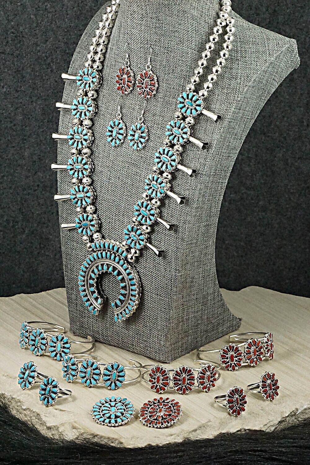 Turquoise, Coral & Sterling Silver Squash Blossom Set - Elton James