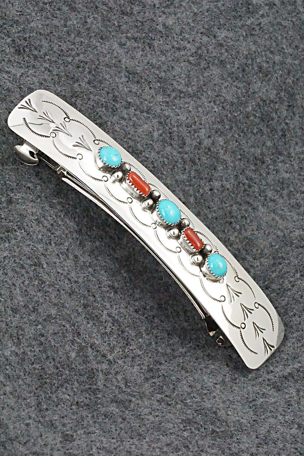 Silver and Turquoise NATIVE MADE Belt Buckle by Jolene Begay Small Stamped Belt Buckle – Two Rivers Trading main image 4