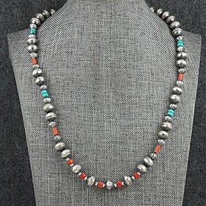 Multi-Stone & Sterling Silver Navajo Pearl Necklace 20&quot; - Vintage