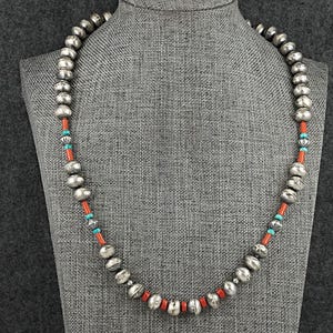 Multi-Stone & Sterling Silver Navajo Pearl Necklace 20&quot; - Vintage