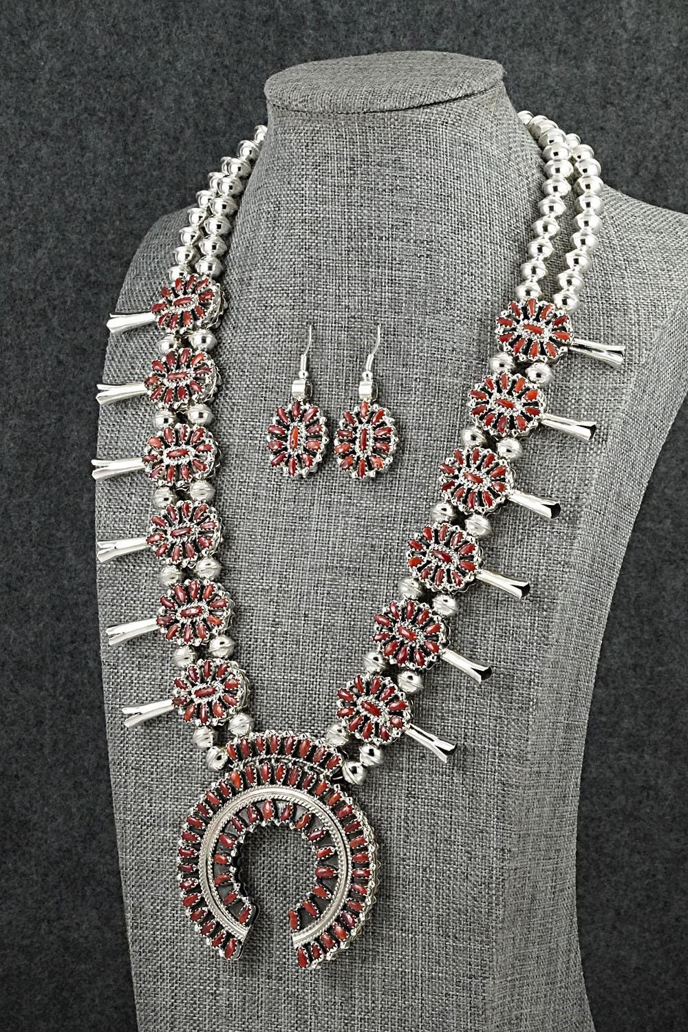 Turquoise, Coral & Sterling Silver Reversible Squash Blossom Set