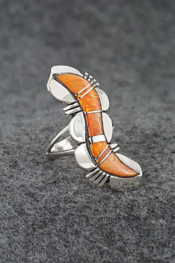 Spiny Oyster, Opalite & Sterling Silver Inlay Ring James Manygoats 