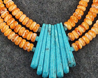 Turquoise, Spiny Oyster and Sterling Silver Necklace - Lupe Lovato