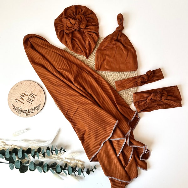 Luxury Swaddle Set in Burnt Orange Rib Knit + Bow Turban, Knot Hat & Bow Headbands stretchy soft cotton gender neutral eco friendly textured