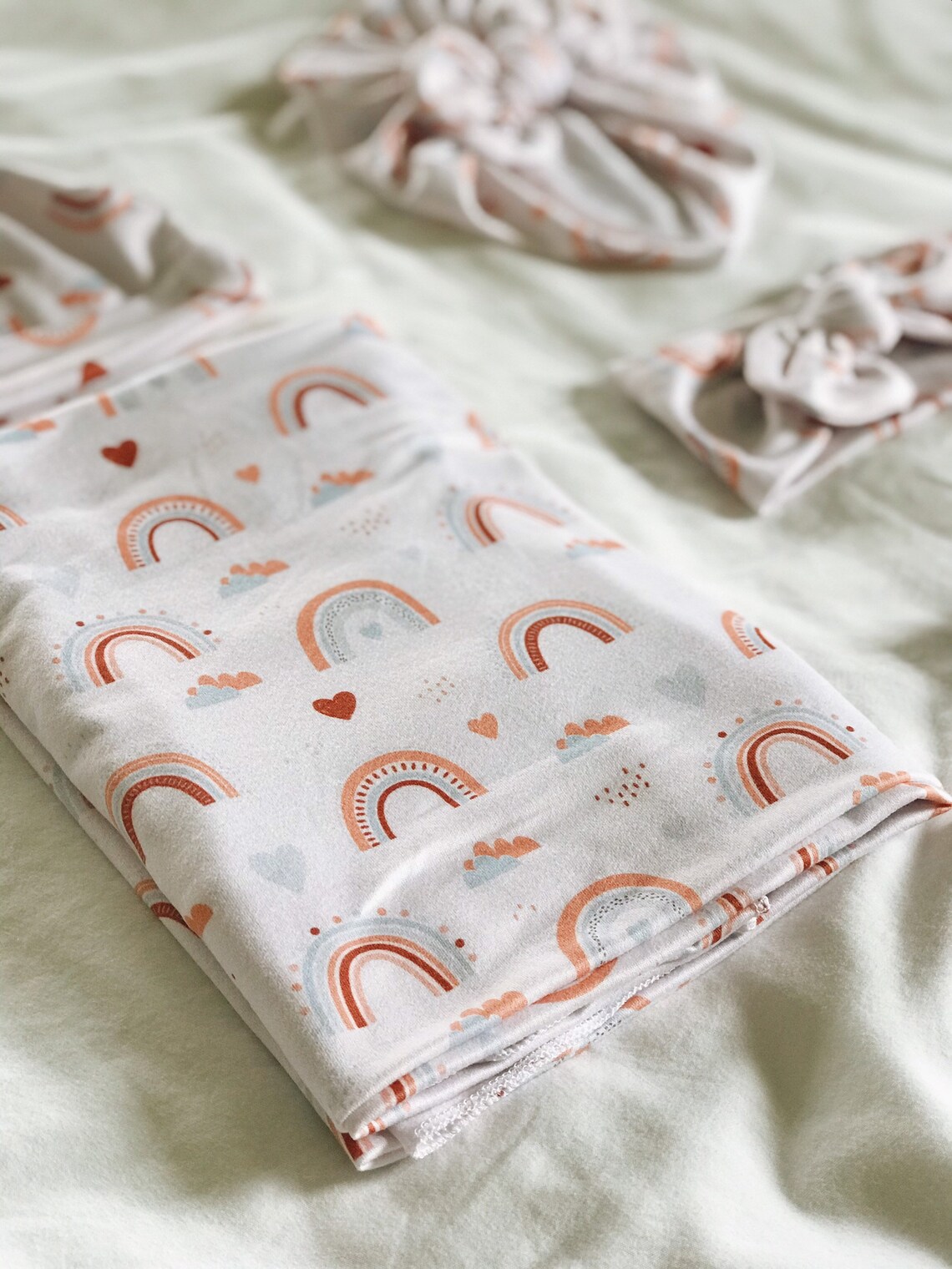 Neutral Rainbow Heart Swaddle Blanket Bow Headband Turban Etsy