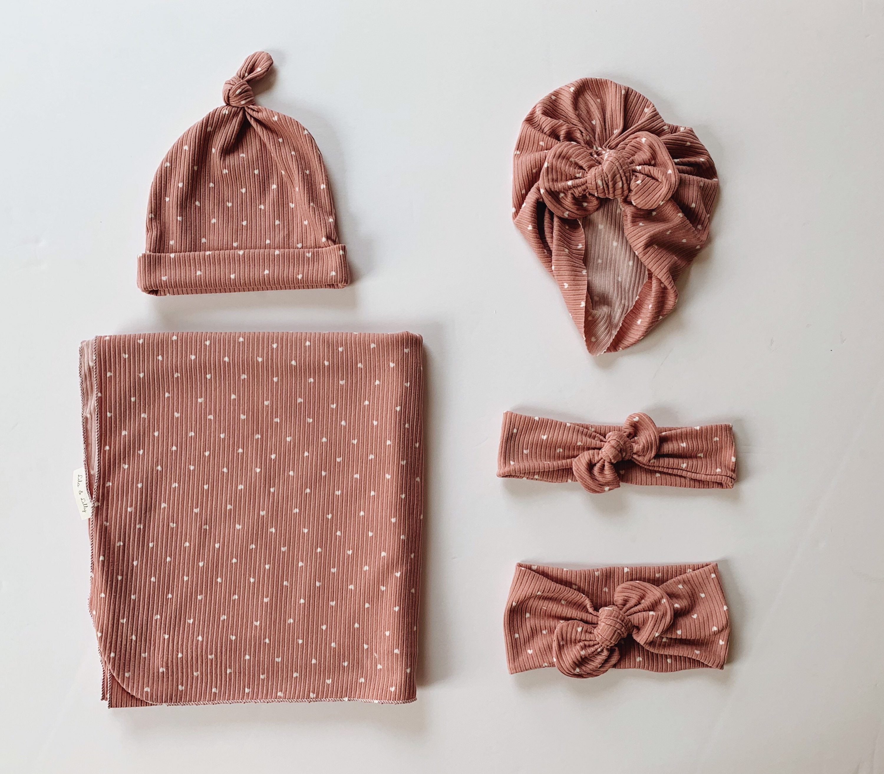 Mauve Rib Knit Hearts Bow Headband, Turban, Swaddle Blanket, Wood Tee…