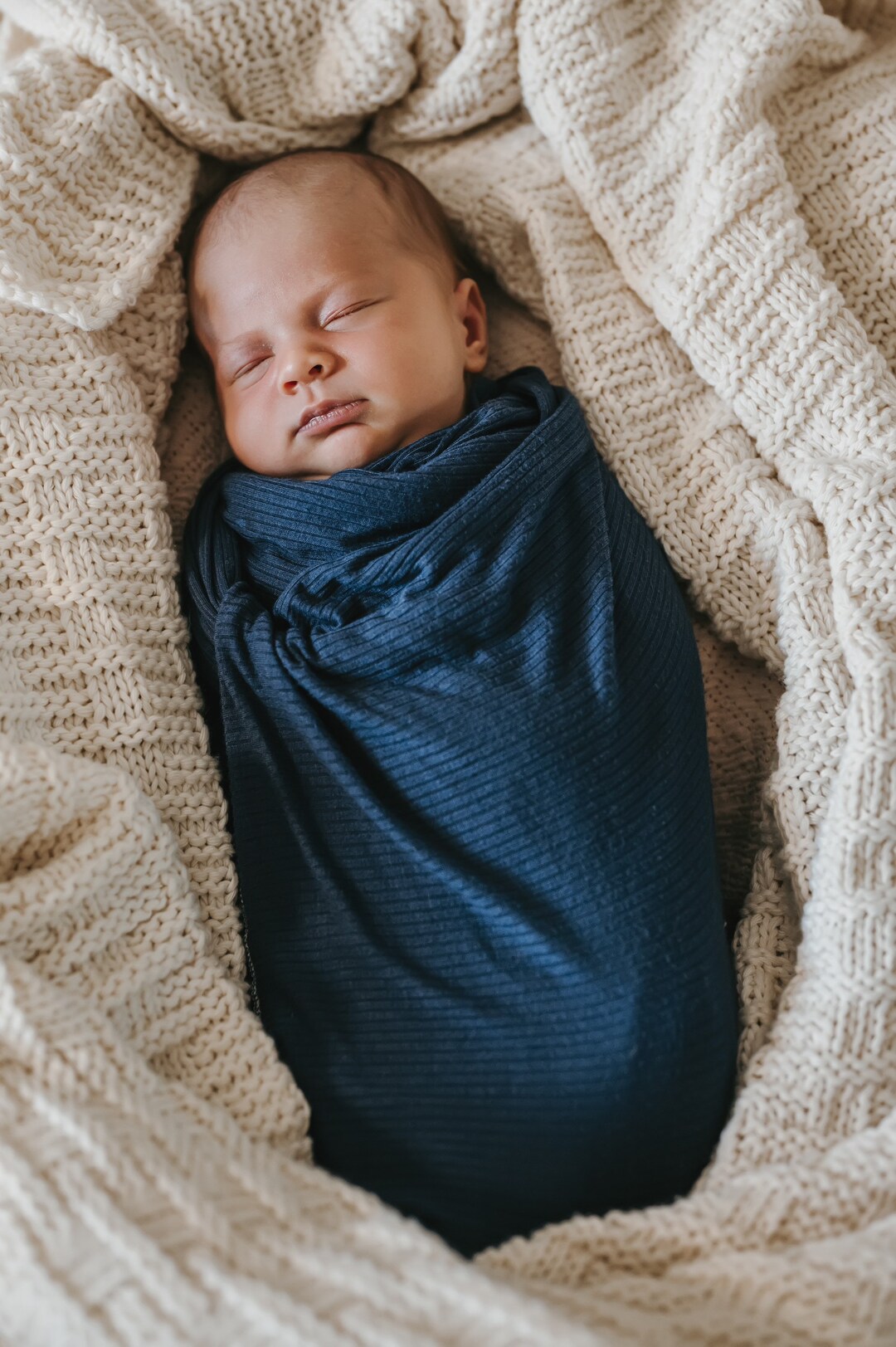 Luxury Swaddle Set in Navy Blue Rib Knit Bow Turban, Knot Hat & Bow
