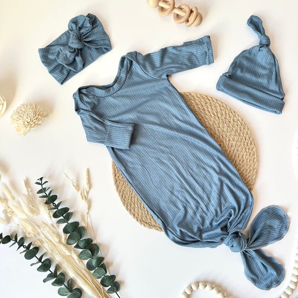 Knot Gown Set in Dusty Blue Rib Knit | Turban Headband Knot Hat options | Coming home outfit/ announcement photos| Gender Neutral