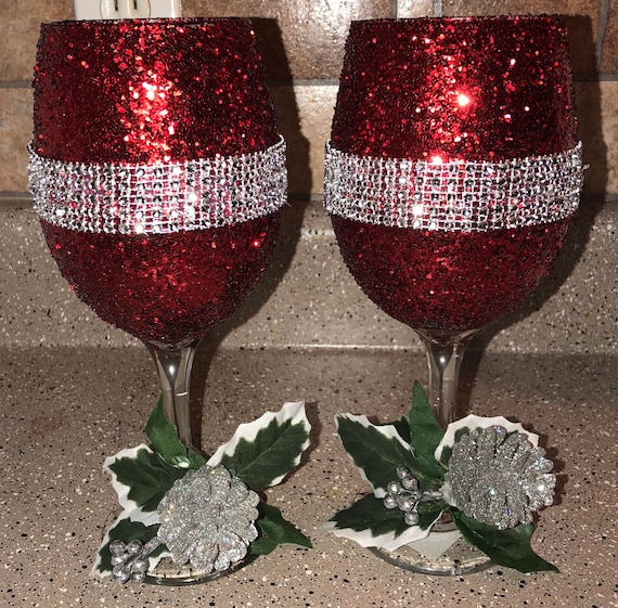 Handmade/custom/personalized Red Glitter Christmas Wine Glasses set of 2 