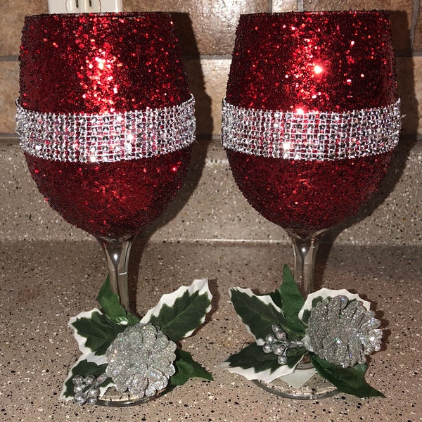 Handmade/Custom/Personalized Red Glitter Christmas Wine Glasses (Set of 2)