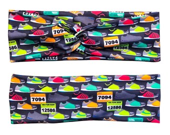 Running Shoes and Race Bibs Marathon Runner Adult Knotted Headband / Topknot Accessory / Scrunchie