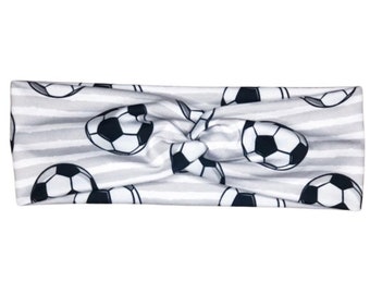 Soccer Ball and Gray Stripe Adult Headband Knotted Headband Topknot Accessory Scrunchie Hard Headband