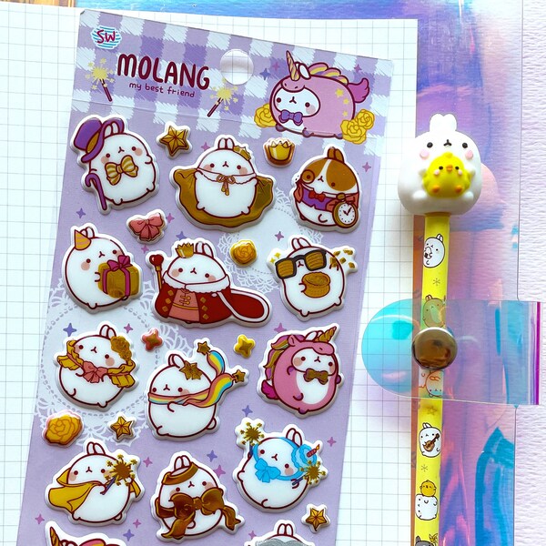 Molang gold foil puffy stickers - Cute Korean puffy stickers - Kawaii Korean stationery - Molang bunny 3d unicorn stickers - Deco diary bujo