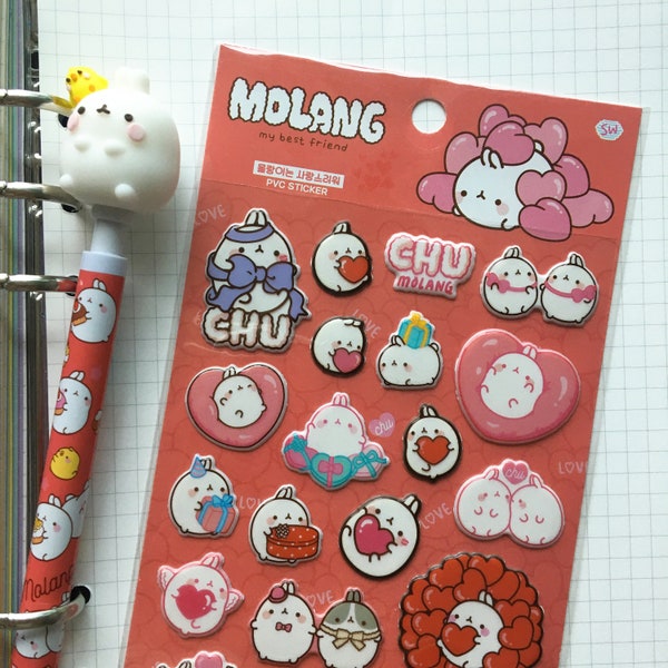 Molang in love puffy sticker sheet - Cute Korean holiday stickers - Korean stationery - Molang gift - 3D heart stickers