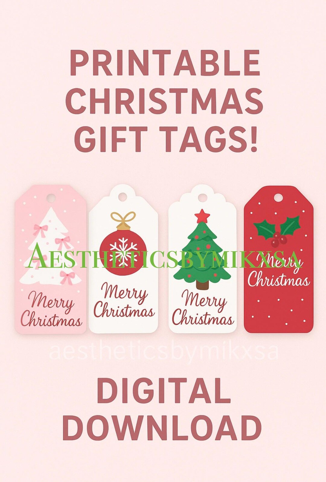 Printable Christmas Gift Tags | Pink & Traditional Holiday Tag Set of 8 ...