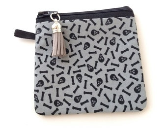 Skull and Crossbones Coin Purse, Black and Gray Change Purse, Zippered Coin Purse, Circle Zippered Purse, Mini Coin Purse