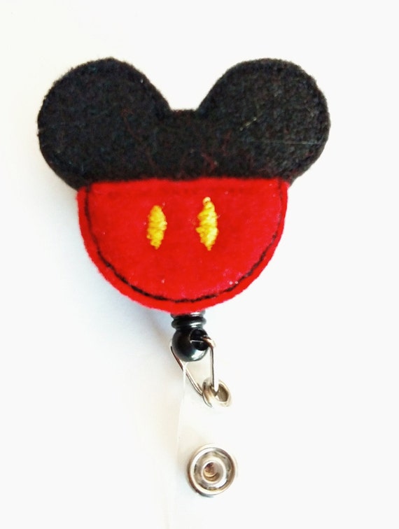 Mickey Badge Holder, ID Badge Holder, Mouse Badge Reel, Mickey Head Badge Reel with Clip, mm Felt Embroidered ID Badge, Retractable Badge