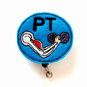 Physical Therapy ID Badge Holder,  PT Badge Holder, Badge Reel, Therapy Badge Reel with Clip, Felt Embroidered ID Badge