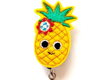 Pineapple ID Badge Holder, Badge Reel, Badge Reel with Clip, Felt Embroidered ID Badge