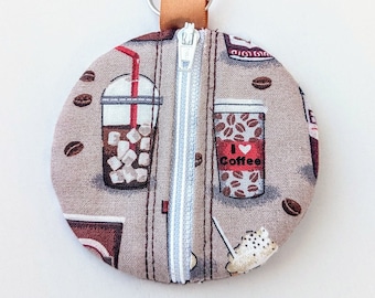 Coffee Print Coin Purse: Zippered Earbud Pouch with Keyring