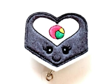 Sushi Roll Felt Badge Reel: Embroidered Food ID Holder