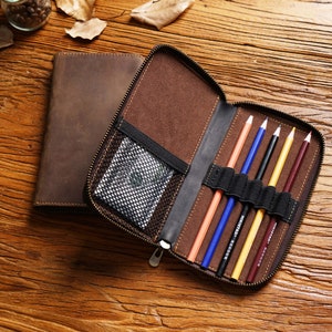 Custom Leather Pencil Case Personalized Pencil Organizer Genuine Leather Pen Case Leather Pen Holder Zipper Pouch Customized Makeup Bag C385